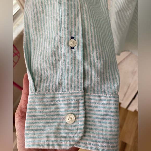 AMERICAN EAGLE OUTFITTERS Stripe Button Up Shirt Men’s Medium Tall Green Preppy - Picture 8 of 10